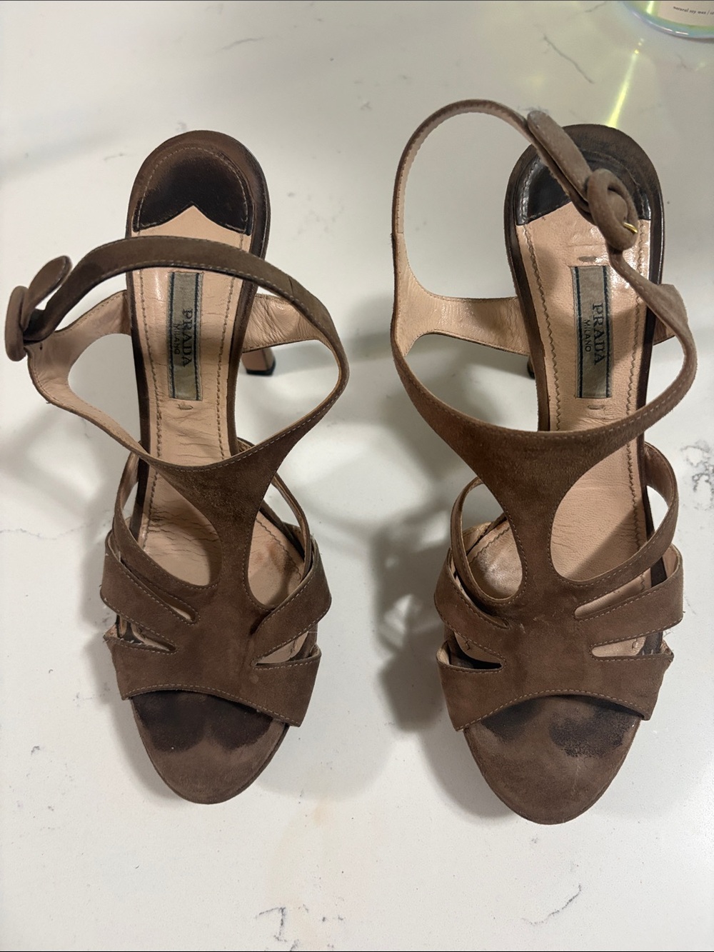 Prada Brown Suede Cutout Strappy Heels